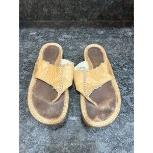 UGG Australia Flip Flops Womens Size 9 Beige Leather Sandals Sherpa Fur Lined